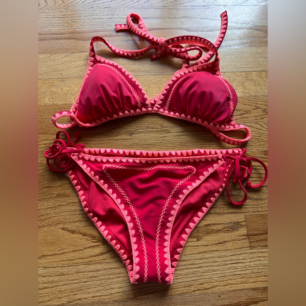 Express Never Worn, Red Triangle Crochet Trim Bikini Set
